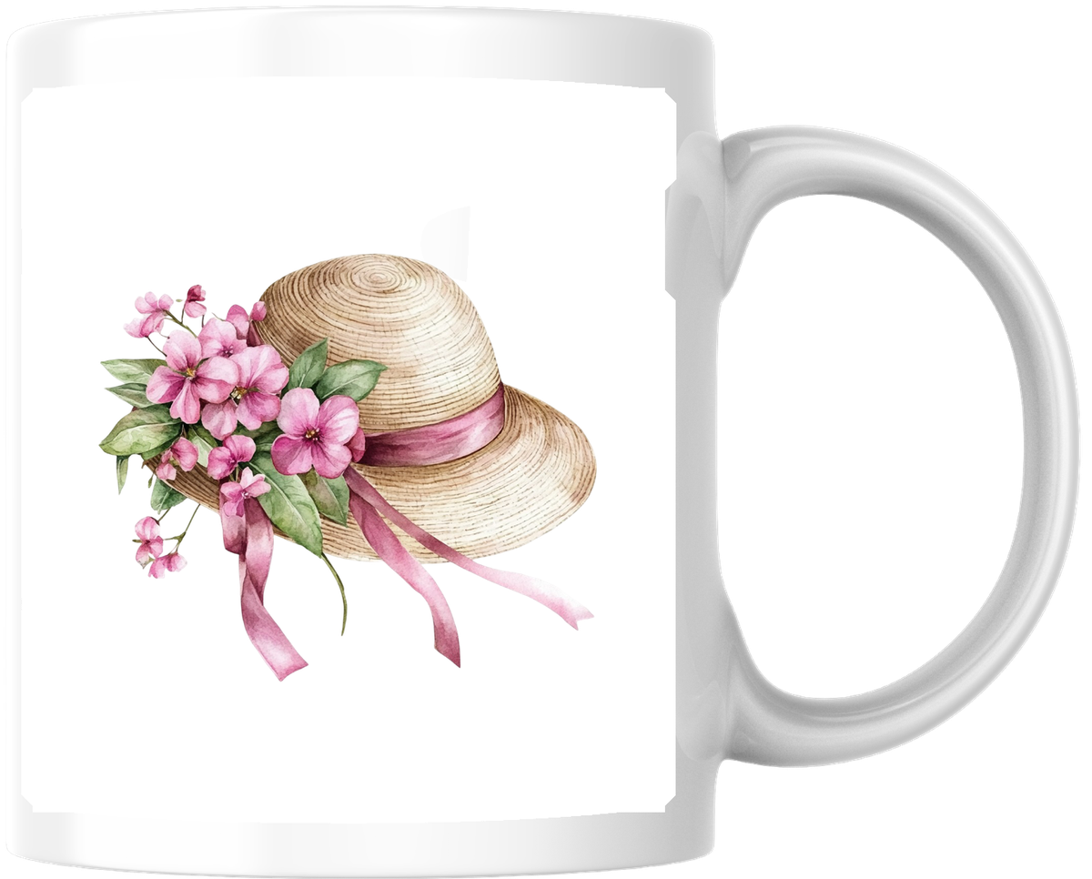 Floral Straw Hat Mug | Watercolor Spring Bonnet Coffee Mug | Garden Lover Gift