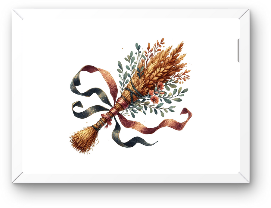 Autumn Witch Broom Wall Art | Watercolor Wheat Ribbon Print | Fall Harvest Gift