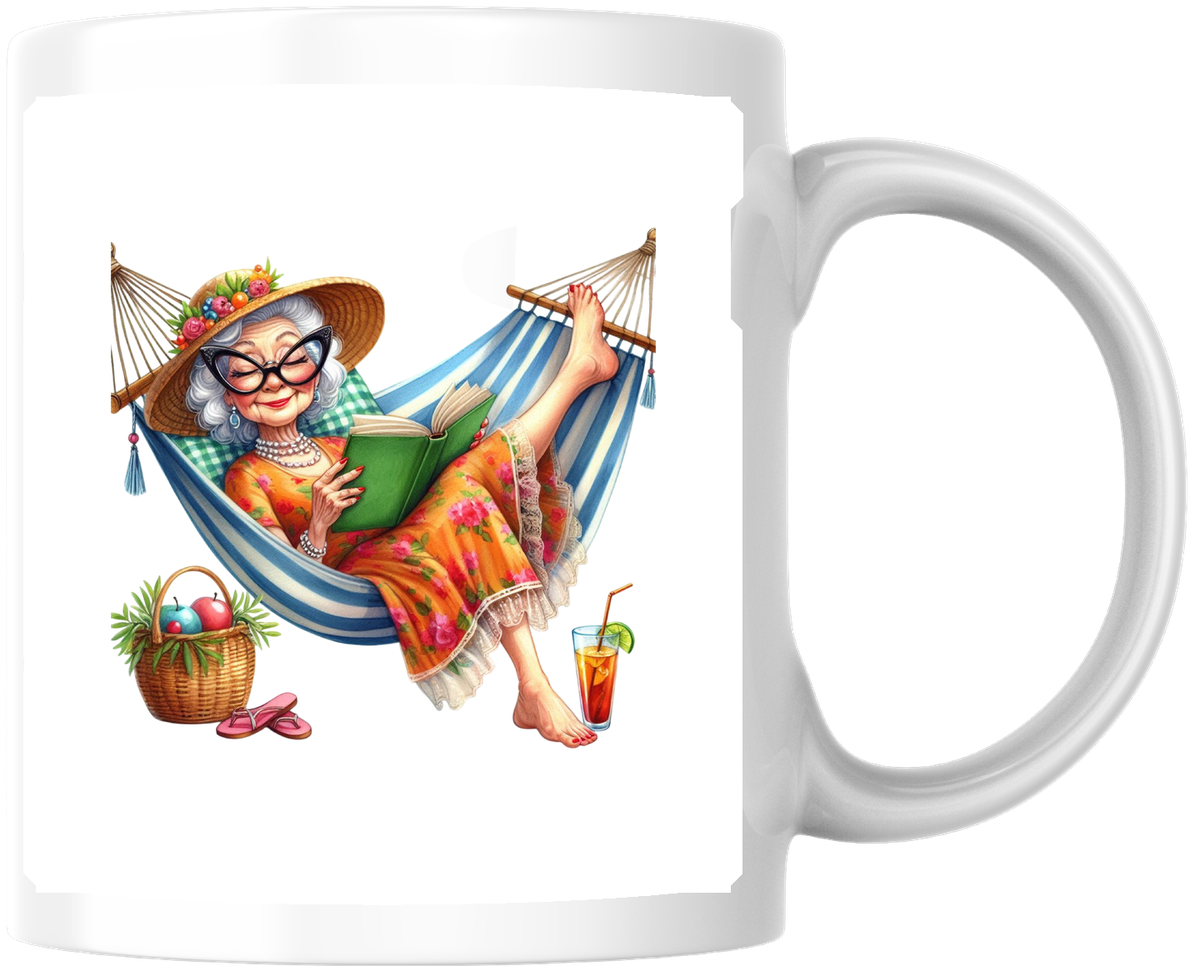 Relaxing Hammock Lady Mug | Cartoon Summer Reading Coffee Mug | Retirement Gift