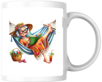 Thumbnail for Relaxing Hammock Lady Mug | Cartoon Summer Reading Coffee Mug | Retirement Gift