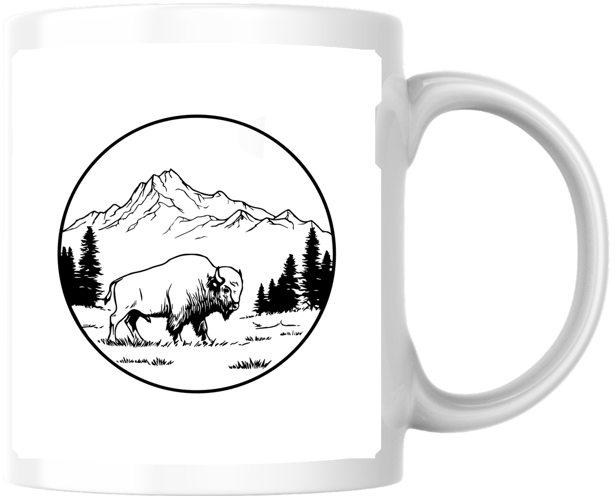 Bison Mountain Landscape Mug | Line Art Buffalo Coffee Mug | Nature Wildlife Gift