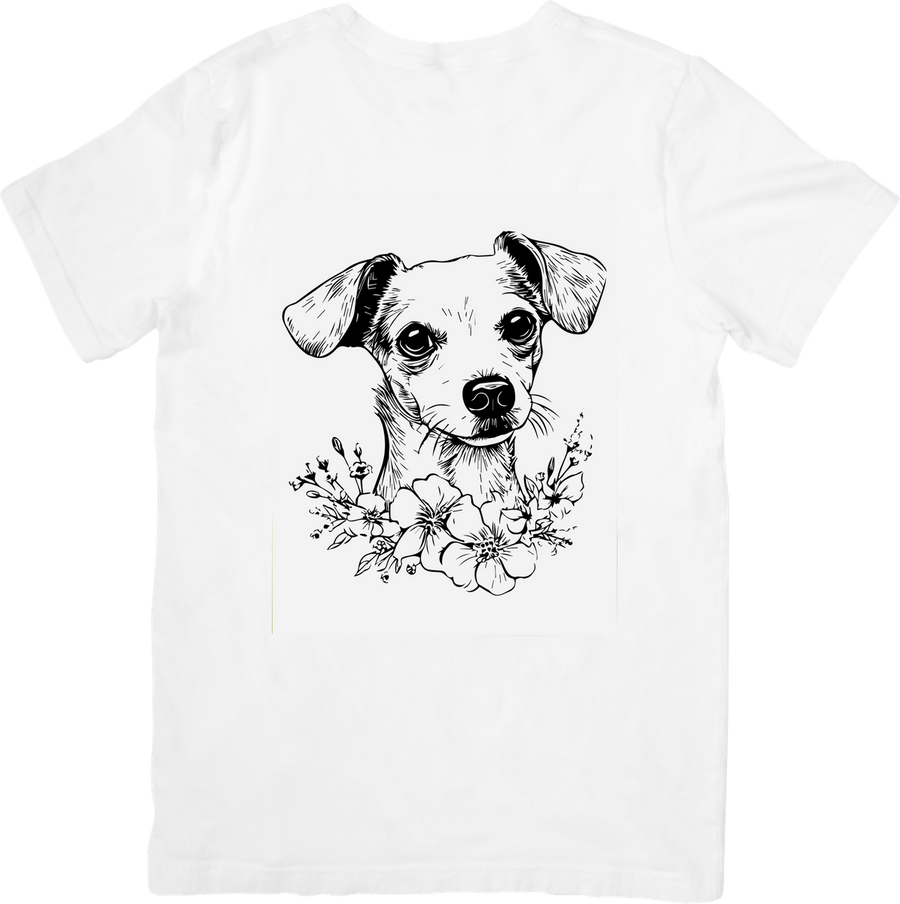 Floral Puppy Portrait T-Shirt | Line Art Dog & Flowers Graphic Tee | Dog Lover Gift